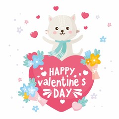 Obraz na płótnie Canvas Valentine's Day greeting card. Cute illustration with sweet cat, big heart with lettering and love theme elements.