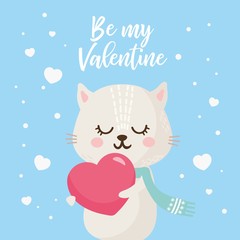 Valentine's Day greeting card. Cute illustration with sweet cat and lettering. For postcard or invitation.
