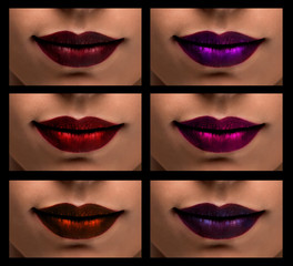 Fototapeta premium Set of different coloreful lip make-up. Dark red and violet lipstick colors pallet with metallic effect.