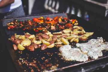 Variety assortment of different traditional Hungarian street food at one of the stalls in the streets of Budapest, Hungary, spring and Easter Market