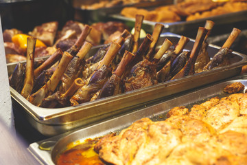 Variety assortment of different traditional Hungarian street food at one of the stalls in the streets of Budapest, Hungary, spring and Easter Market