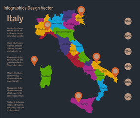 Infographics Italy map, flat design colors, with names of individual administrative division, blue background with orange points vector