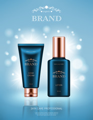 Realistic lotion bottle and hand cream tube with golden lids on light blue background with bokeh lights. Advertising poster for the promotion of cosmetic skin care premium product