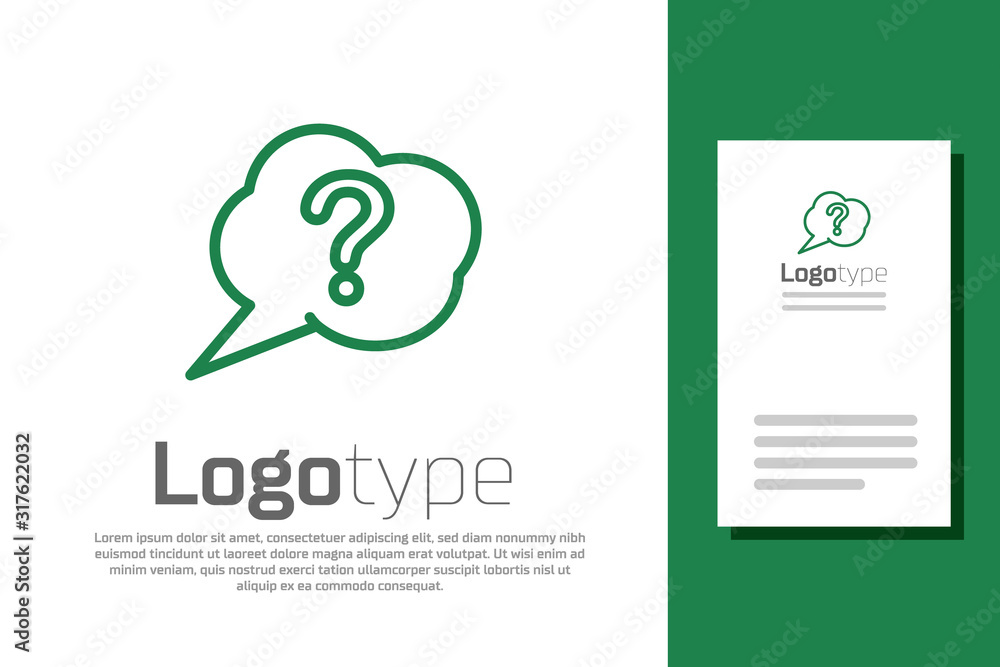Poster green line speech bubble and question icon isolated on white background. faq sign. copy files, chat 