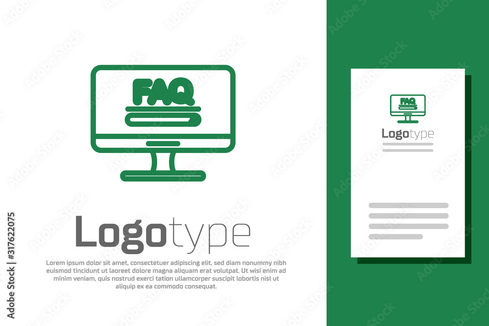 Poster green line computer monitor with text faq information icon isolated on white background. frequently 
