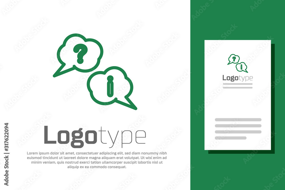 Poster green line speech bubbles with question and exclamation icon isolated on white background. faq sign.