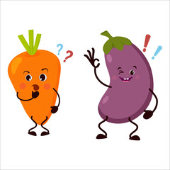 Cartoon character carrot and eggplant.