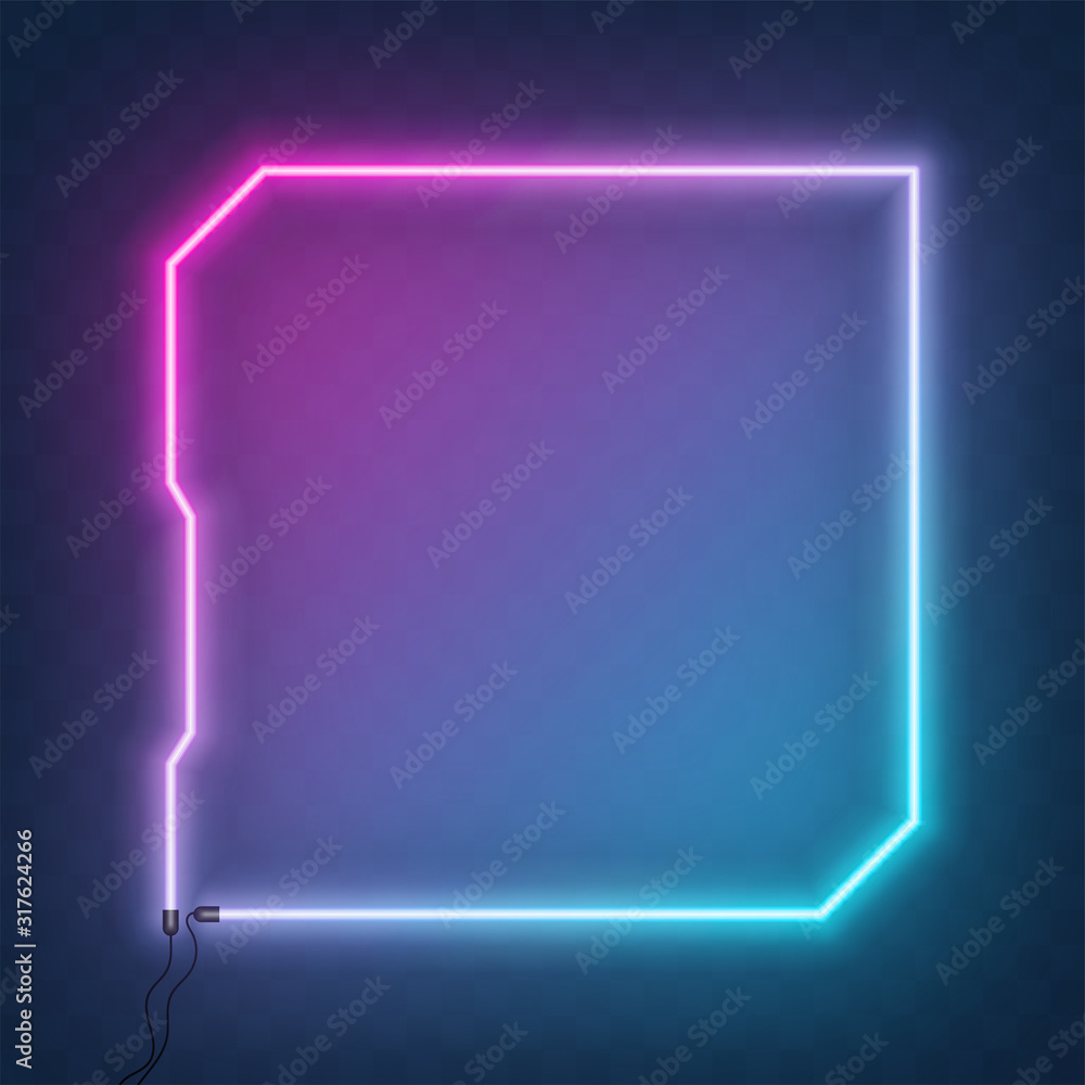 Poster neon square tech sci fi hologram frame, border with wire. neon lights sign. vector abstract backgrou
