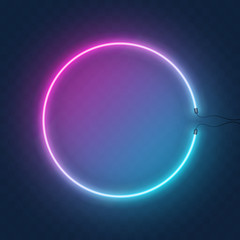 Neon orb or circle light sign, glowing ring or swirl border with wire. Bright round frame or neon lights. Vector abstract background, tunnel, portal. Geometric outline shape, laser glowing lines