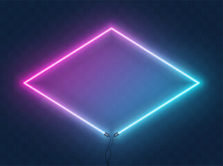 Neon rhombus frame or neon lights border with wire. Retrowave vector abstract background, tunnel, portal. Geometric glow outline rhombus shape or laser glowing lines with space for your text. - obrazy, fototapety, plakaty