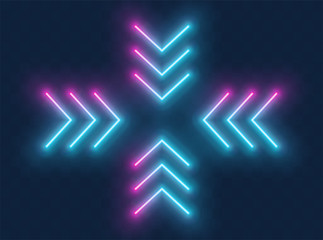 Neon arrow sign. Blue and pink Glowing neon arrow pointer in four directions on dark blue background. Retro signboard with bright neon tubes. Vector illustration © lunarts_studio
