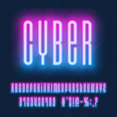 Neon vector font. Glowing blue and pink capital letters and numbers on dark blue background. Glowing font in cyber style technology. Trendy vector neon alphabet.