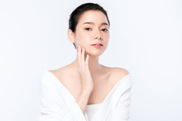 Portrait beautiful young asian woman clean fresh bare skin concept. Asian girl beauty face skincare and health wellness, Facial treatment, Perfect skin, Natural make up, on white background,two