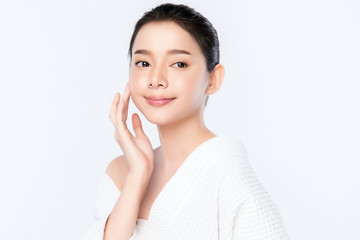 Portrait beautiful young asian woman clean fresh bare skin concept. Asian girl beauty face skincare and health wellness, Facial treatment, Perfect skin, Natural make up, on white background,two