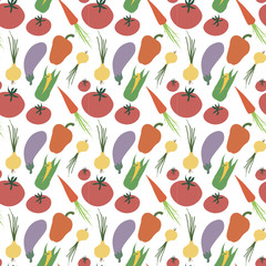 Trending seamless pattern in vector with fresh vegetables. Peppers, carrots, onions, tomatoes, corn.