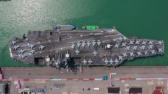 Aerial view Aircraft Carrier in international waters battleship, Military navy ship in the port, Aerial view warship.