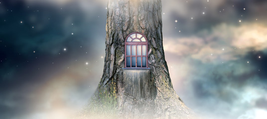 Magical window in hollow of fantasy giant pine tree house in enchanted fairy tale forest,...