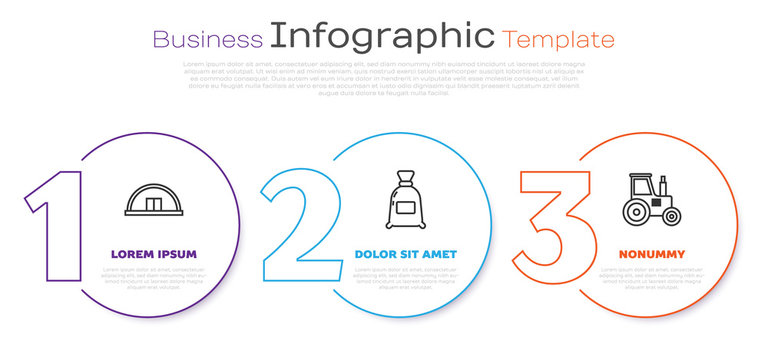 Set line Hangar, Bag of flour and Tractor. Business infographic template. Vector
