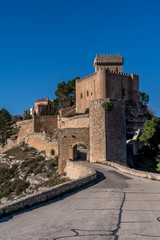 Aerial view of Alarcon castle, parador and fortifications along the Jucar river in Cuenca province Spain