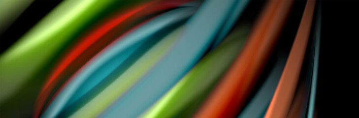 Silk and smooth flow wave poster design. Color waves, liquid style lines and shapes in black color background