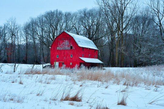 Sunrise photo of a Midwest winter countryside scene in a field with snow on the ground, grass in the foreground and a red barn and trees in the background