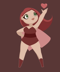 Bright and colorful cartoon comic art illustration of funny and cute athletic super lady in a cool costume holding a heart symbol