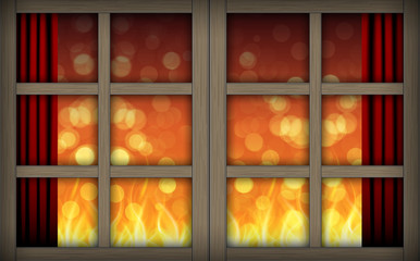 The fire is burning inside the house.	