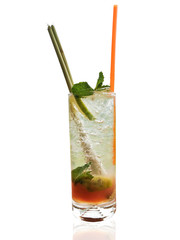 Strawberry Soda Decorate with lemons, mint, lemongrass and orange straws on white background