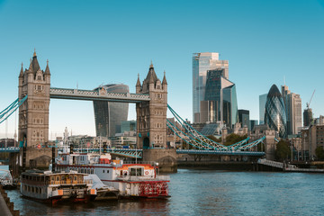 View of the Tower Bridge and the City of London from Butlers Wharf pier