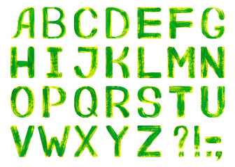 Latin alphabet with green letters. Hand-painted illustration. English alphabet. Isolated on white background. Yellow-green textured font. Eco, spring, summer font. Gouache, oil or acrylic technique.