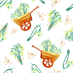 Bouquet of spring flowers of primroses in a cart. Seamless pattern. Hand watercolor illustration isolated on white background. For the design of postcards, banners, greetings, weddings, invitations.
