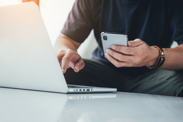 contact marketing businessman professional people thinking while working writing information documents in home offices at desk with computer,laptop,cell phone,business report chart