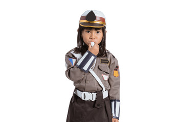 police girl wearing a uniform with blow the whistle on white background