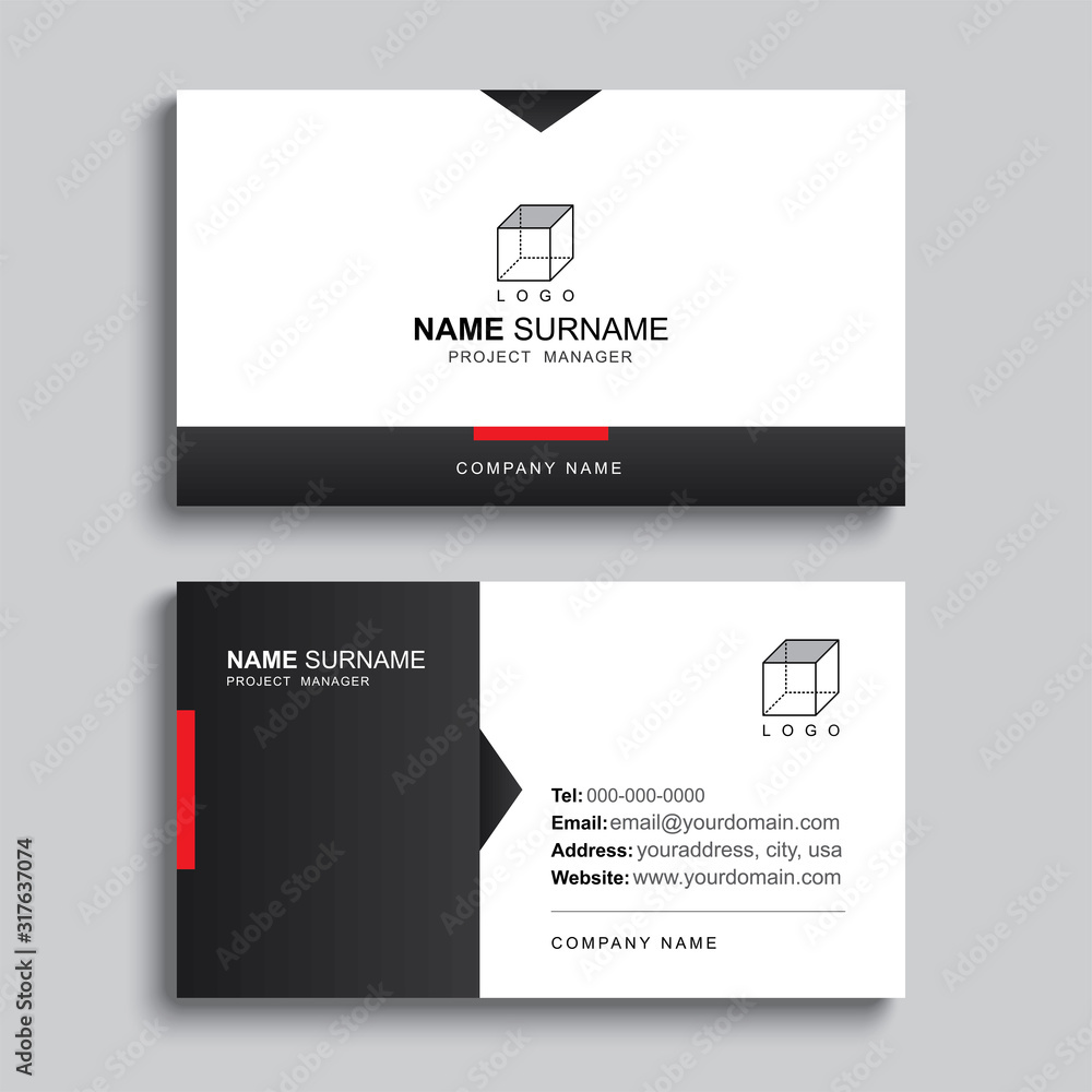 Poster minimal business card print template design. black and red color simple clean layout.