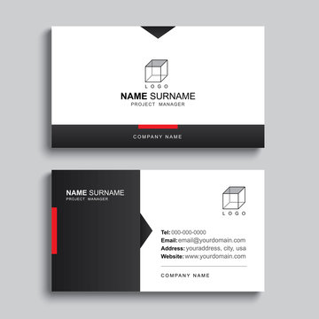 Minimal business card print template design. Black and red color simple clean layout.