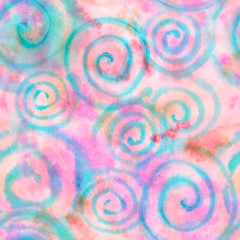 Watercolor pink spiral abstract background with splashes, drops. Hand-painted texture. Seamless pattern. Graffiti style illustration. Design for backgrounds, wallpapers, covers, textile, packaging.