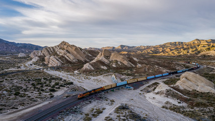 Scenic Aerial Picture of Railways Winding Through the Mountains of the Cajon Pass in California