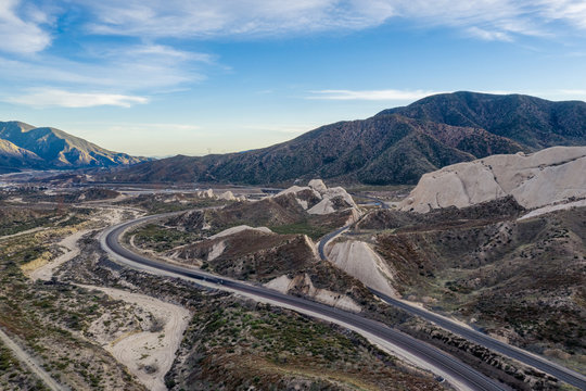 Scenic Aerial Picture of Railways Winding Through the Mountains of the Cajon Pass in California