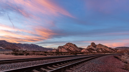 Railway through the desert mountains of Mormon Rocks near Wrightwood, California