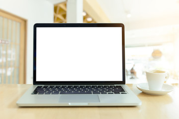 Fototapeta premium mockup image blank screen computer with white background for advertising text,hand woman using laptop contact business search information on desk at coffee shop.marketing and creative design