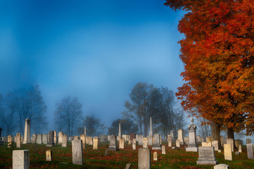Foggy morning cemetery, Vermont, USA