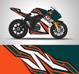 Racing motorcycle wrap decal and vinyl sticker design. Concept graphic abstract background for wrapping vehicles, motorsports, Sportbikes, motocross, supermoto and livery. Vector illustration.