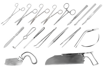 A set of surgical instruments. Tweezers, scalpels, Liston s amputation knife, clamp, scissors, Folkman hook, Meyer forceps, needle, Langenbek saw, Satterlee Bone Saw, Plaster saw Bergman. Vector