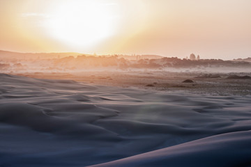 Soft desert landscape, a stripe of woods and fog on horison. Sunrise, dunes are still in the dark. Stockton Sand Dunes near the coast, Worimi Regional Park, Anna Bay, Australia