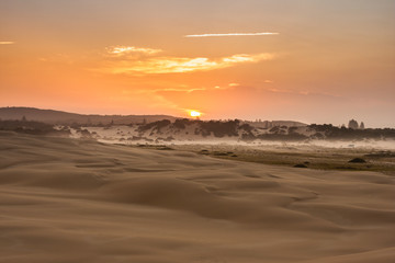 Fototapeta na wymiar Warm orange desert landscape, a stripe of woods and fog on horison. Sunrise. Stockton Sand Dunes near the coast, Worimi Regional Park, Anna Bay, Australia