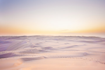 Fototapeta na wymiar Wide desert with beautiful dunes. Nothing and no one. Light unreal colors. Stockton Sand Dunes near the coast, Worimi Regional Park, Anna Bay, Australia