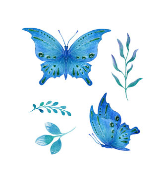  set blue tropical butterfly with green spots watercolor isolate on white background