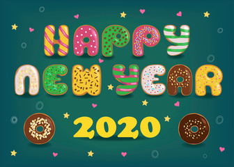 Happy New Year 2020. Colorful donuts