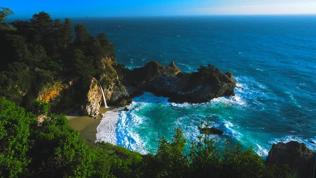 Julia Pfeifer State Park waterfall - fresh water into the Pacific Ocean off Pacific Coast Highway, Route 1, near Big Sur, California