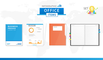 Infographic Office items set 1, business flat design.